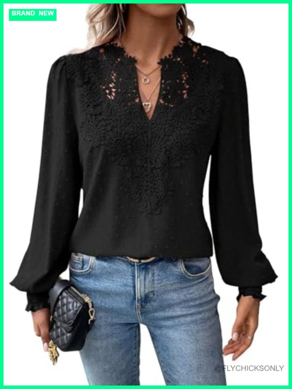Falechay Women Boho Lace Floral V Neck Long Sleeve Blouse Top
